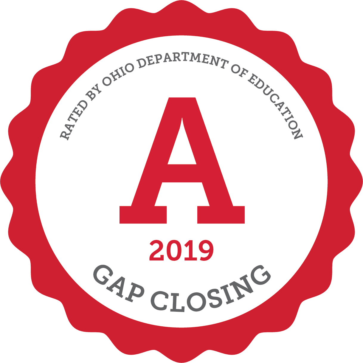 Ohio Department of Education Gap Closing Award seal with a large red 'A'.