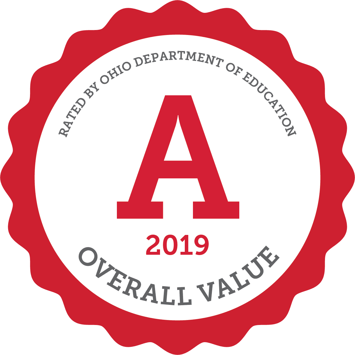 Red and white seal with a large letter A.